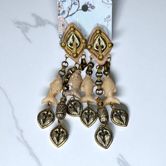 Vintage Fish Charm Earrings Dangle Clip Ons Statement Earrings - Picture 1 of 7